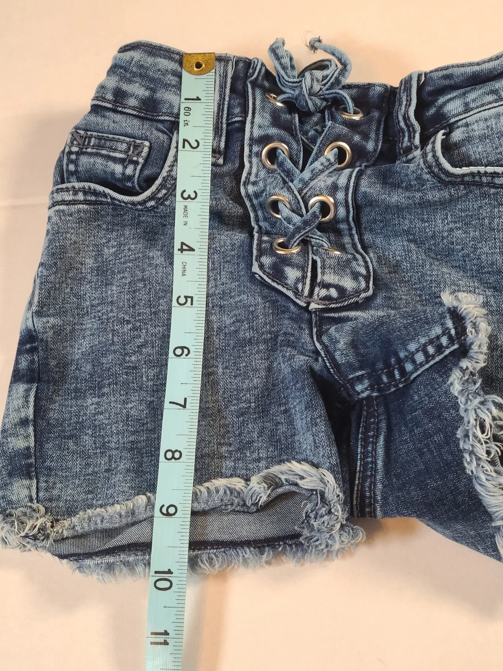 Justice Stylish Lace-Up Frayed Hem Girls Denim Shorts Dark Blue Size 8 Slim EUC